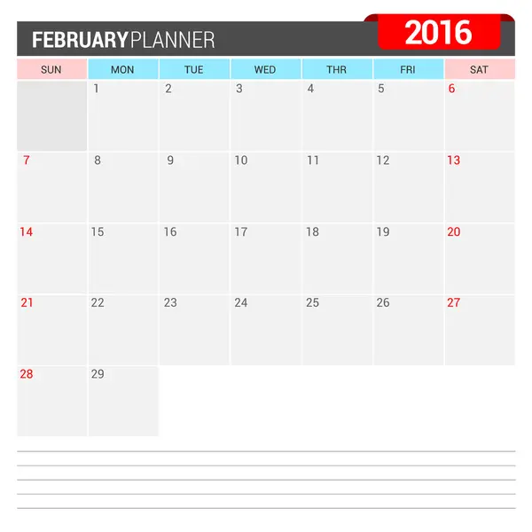 Fevereiro 2016 Business Planner —  Vetores de Stock