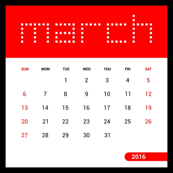 Calendario de marzo 2016 — Archivo Imágenes Vectoriales