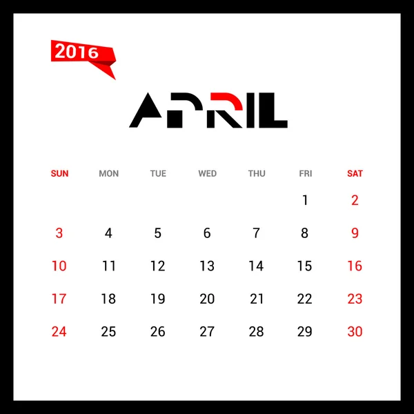 Abril Calendário 2016 — Vetor de Stock