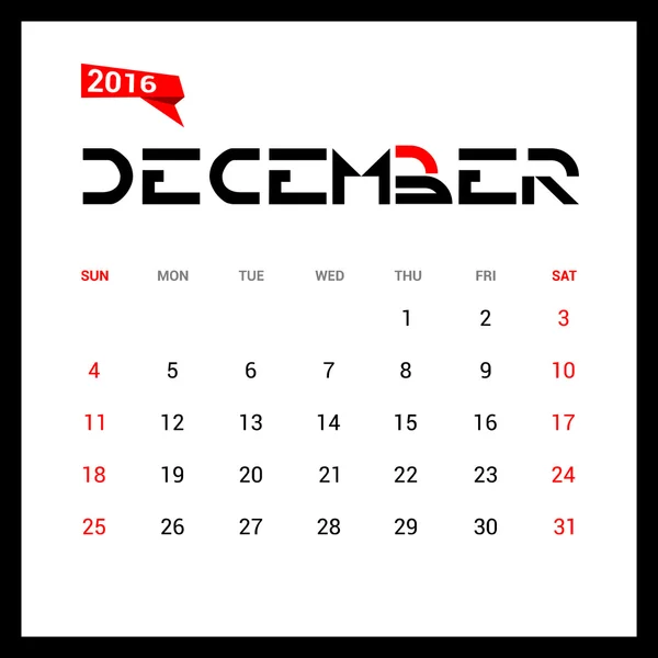 Diciembre Calendario 2016 — Archivo Imágenes Vectoriales