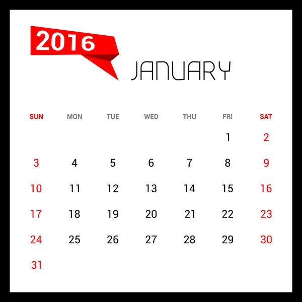 Calendario de enero 2016 — Vector de stock