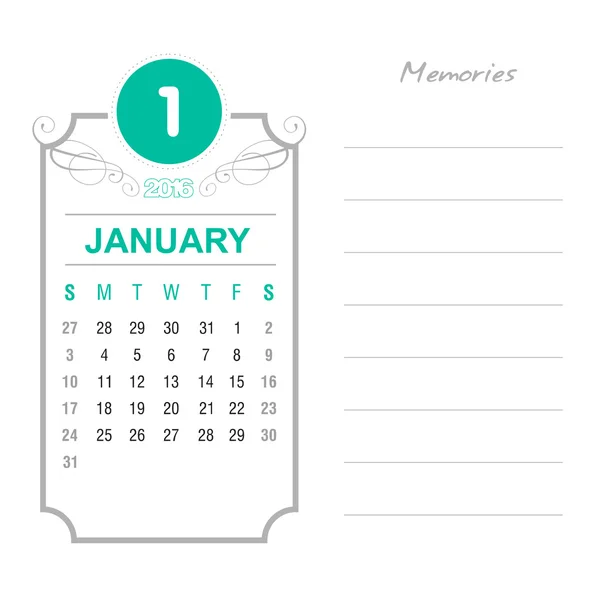 Calendario de enero 2016 Plantilla de diseño — Vector de stock