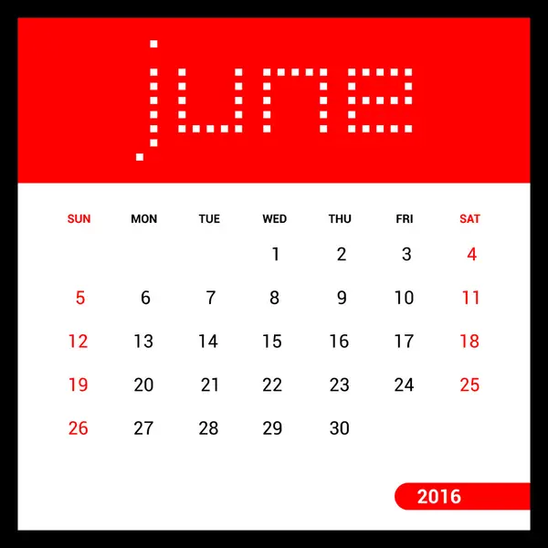 Червень календар 2016 — стоковий вектор