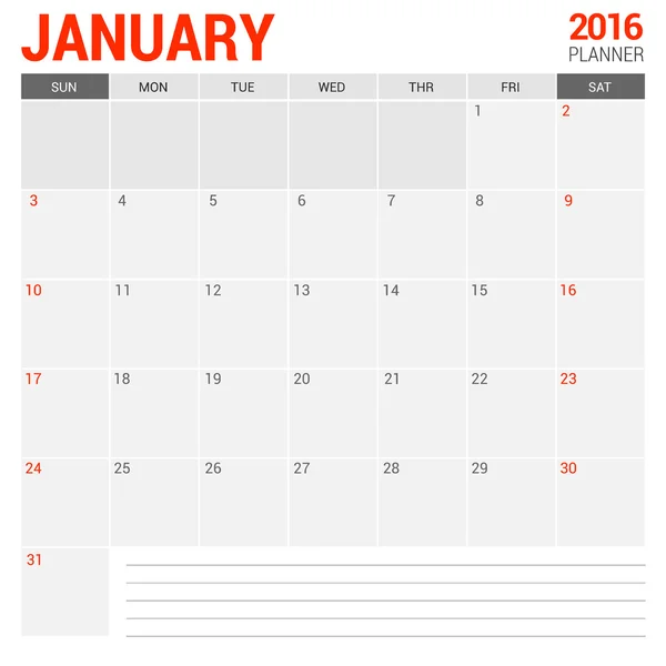 Planificador de calendario enero 2016 — Archivo Imágenes Vectoriales