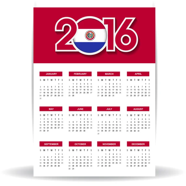 Calendario 2016 con bandera de Paraguay — Vector de stock