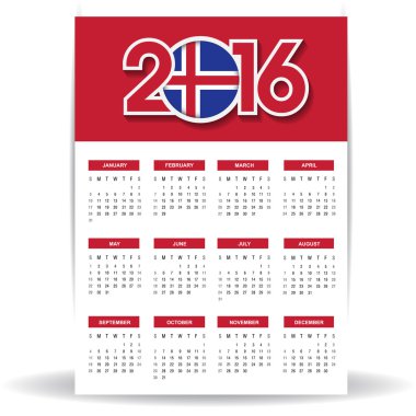 2016 takvim ile İzlanda bayrağı