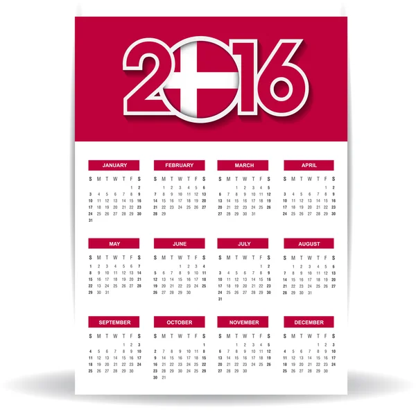 Calendario 2016 con bandera de Dinamarca — Archivo Imágenes Vectoriales