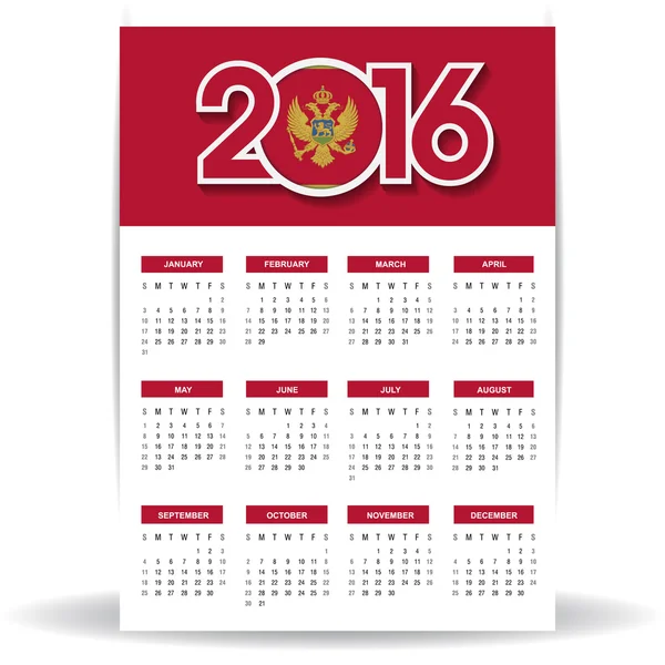 Calendario 2016 con bandera de Montenegro — Vector de stock