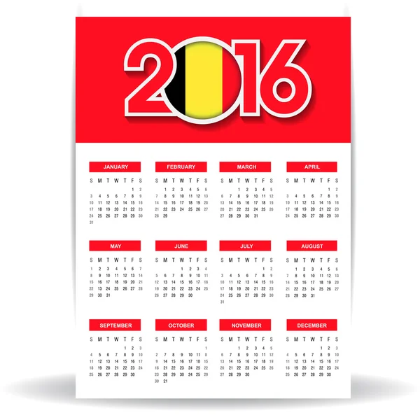 2016 kalender met België vlag — Stockvector