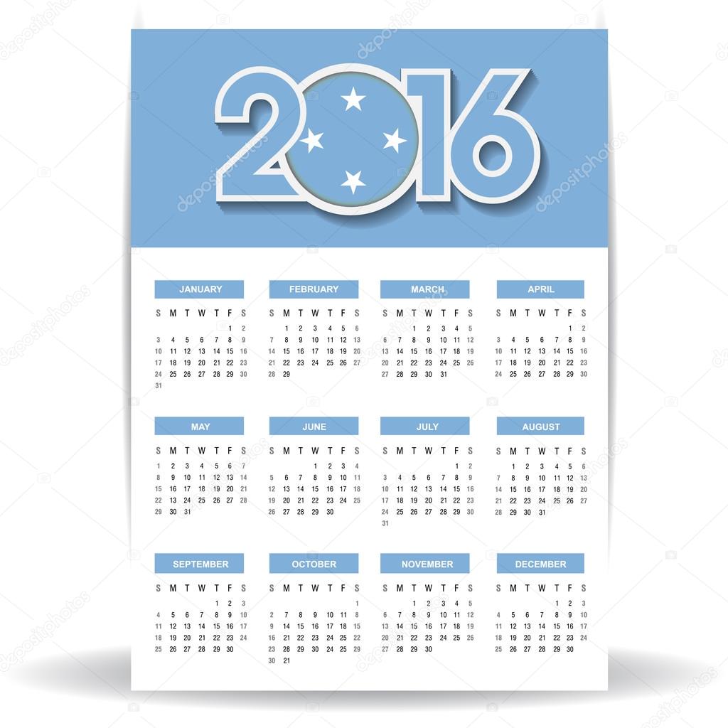 Календарь 2016 Года С Флагом Микронезии Векторное Изображение.