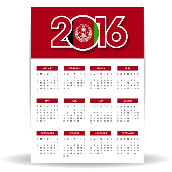 Calendario 2016 con bandera de Afganistán — Vector de stock