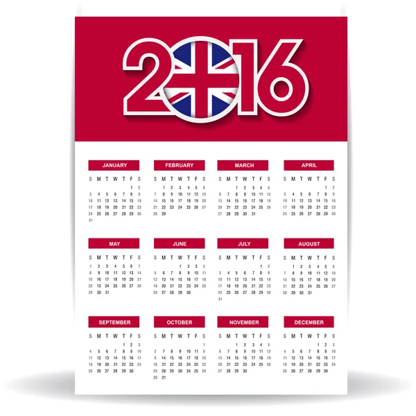 Calendario 2016 con bandera del Reino Unido — Vector de stock
