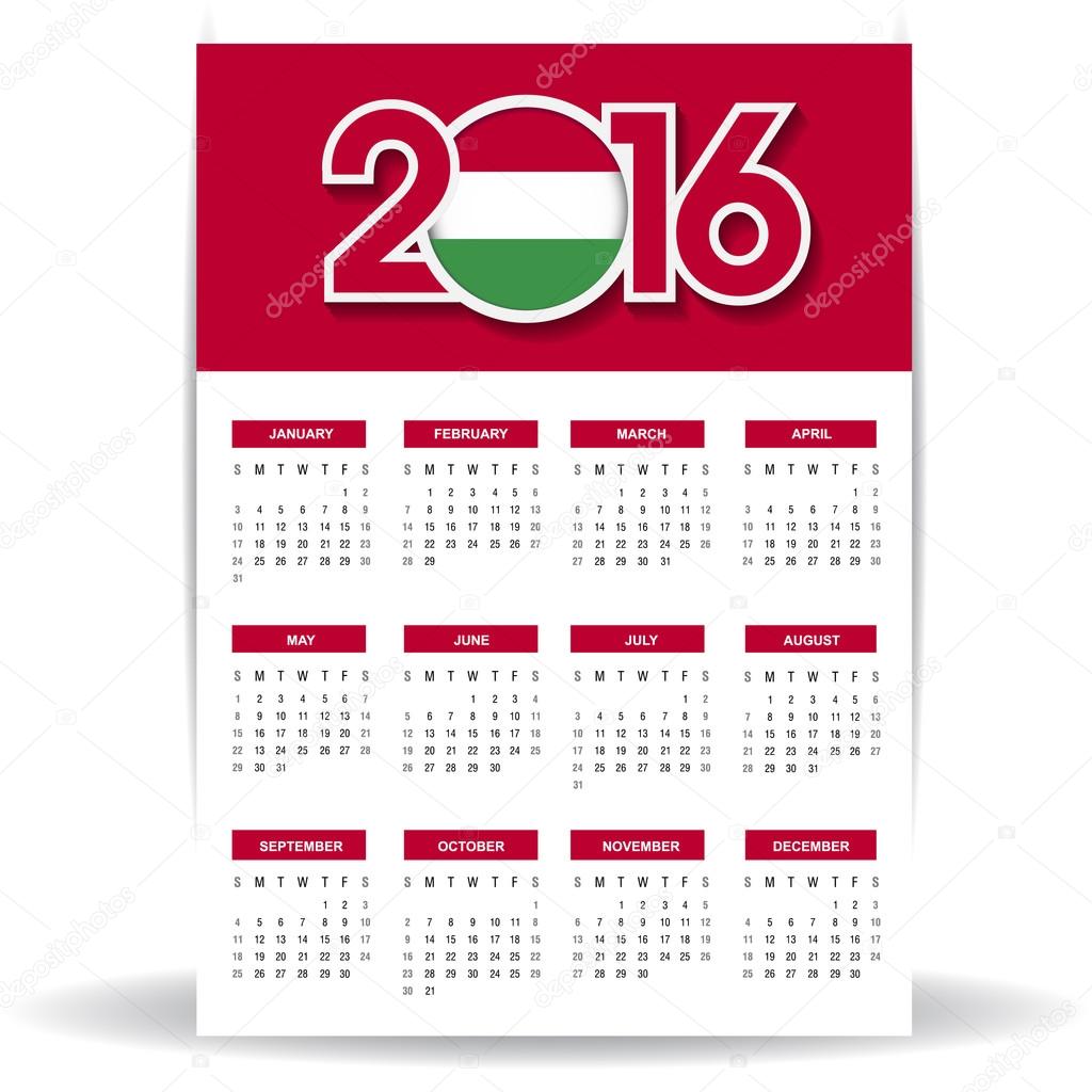 2016 calendar with Hungary flag