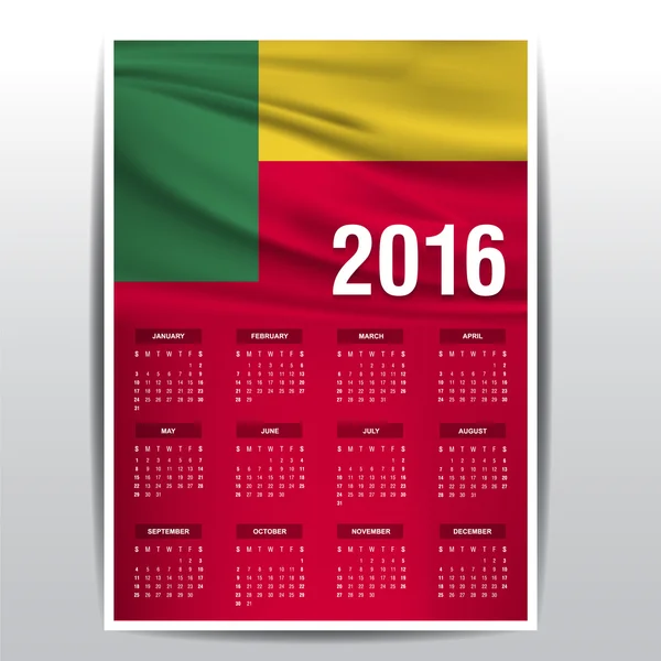 Calendario 2016 - Bandera de Benín — Archivo Imágenes Vectoriales