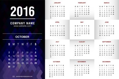 2016 takvimi şablonunu Ekim