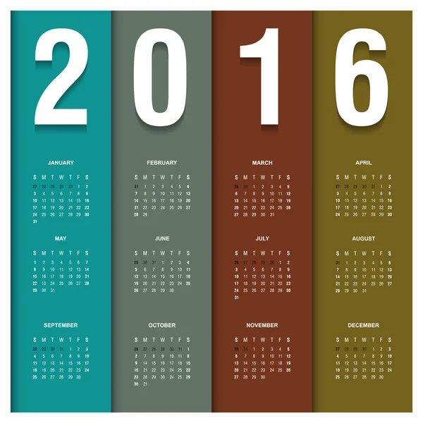 Календарь 2016 года в стиле карточного шаблона — стоковый вектор