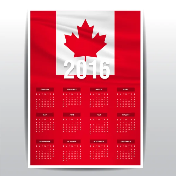 Calendário 2016 - Bandeira de bandeira do país do Canadá — Vetor de Stock
