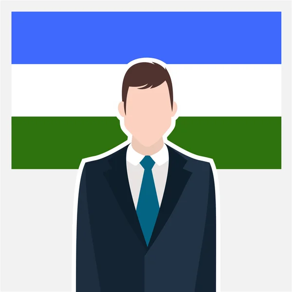 Personaje de hombre de negocios de pie frente a la bandera — Vector de stock