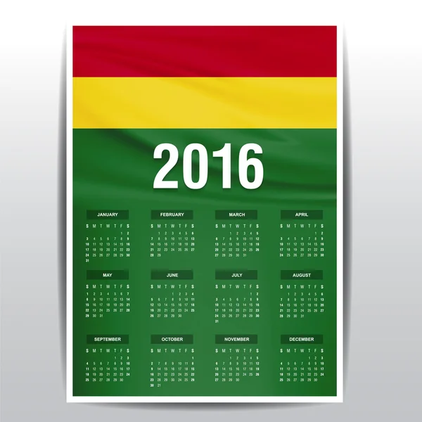 Calendario 2016 - Bandera de Bolivia — Vector de stock