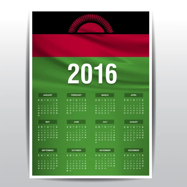 Calendario 2016 con bandera de Malawi — Vector de stock