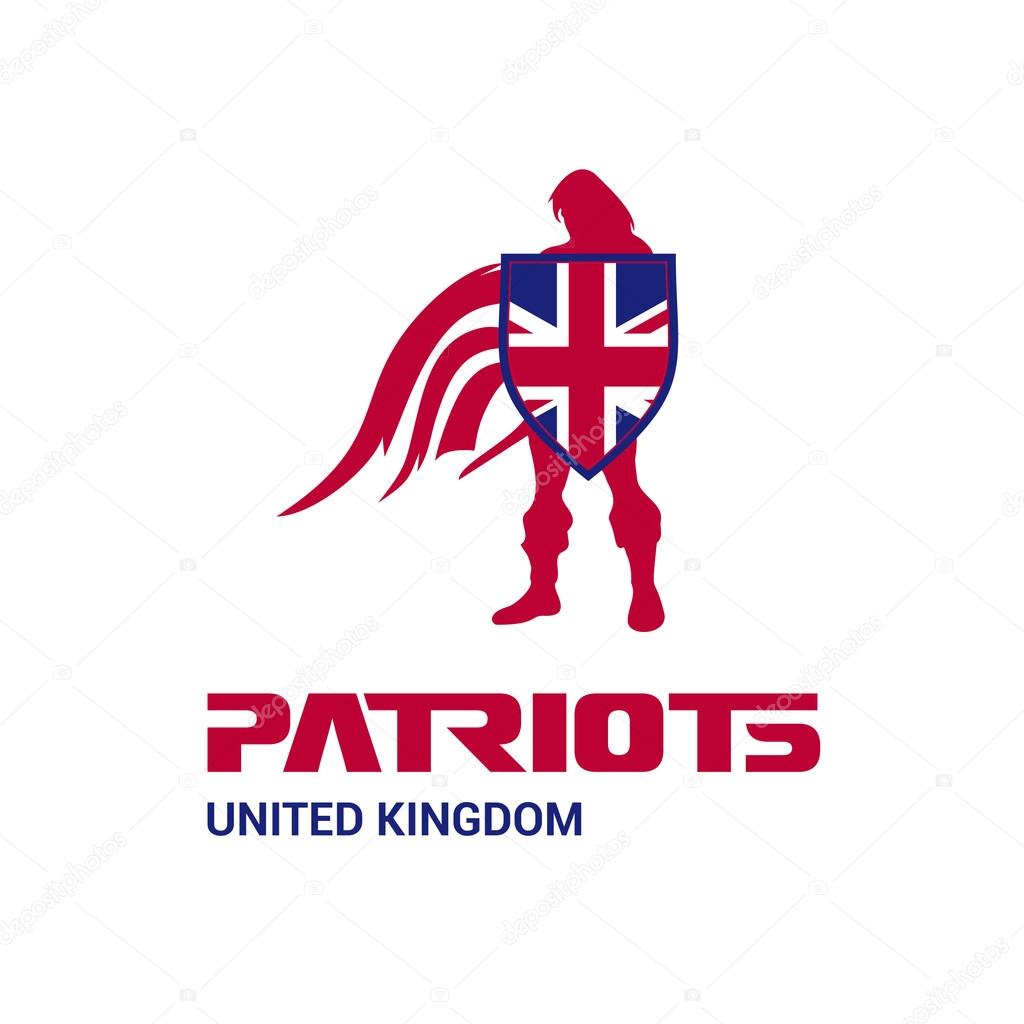 United Kingdom Patriots Concept with Soldier and Flag Logo. Mascot Character Design. Army man with Shield. Vector illustration