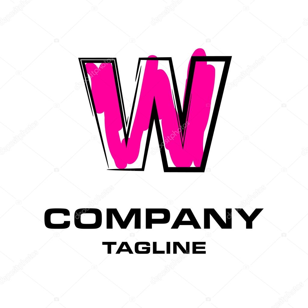 Hand writing letter W logo, funky pink stroke logotype
