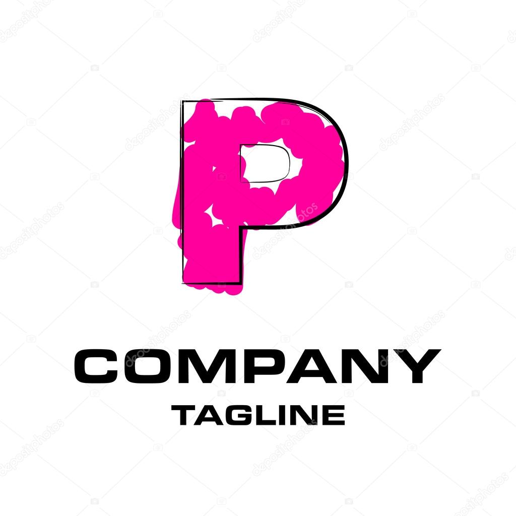 Hand writing letter P logo, funky pink stroke logotype