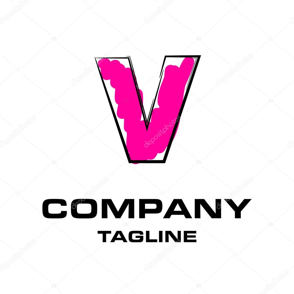 Hand writing letter V logo, funky pink stroke logotype
