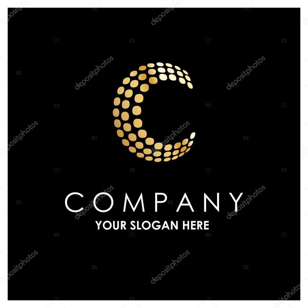 Letter C logo, golden Bold sphare logo on black background