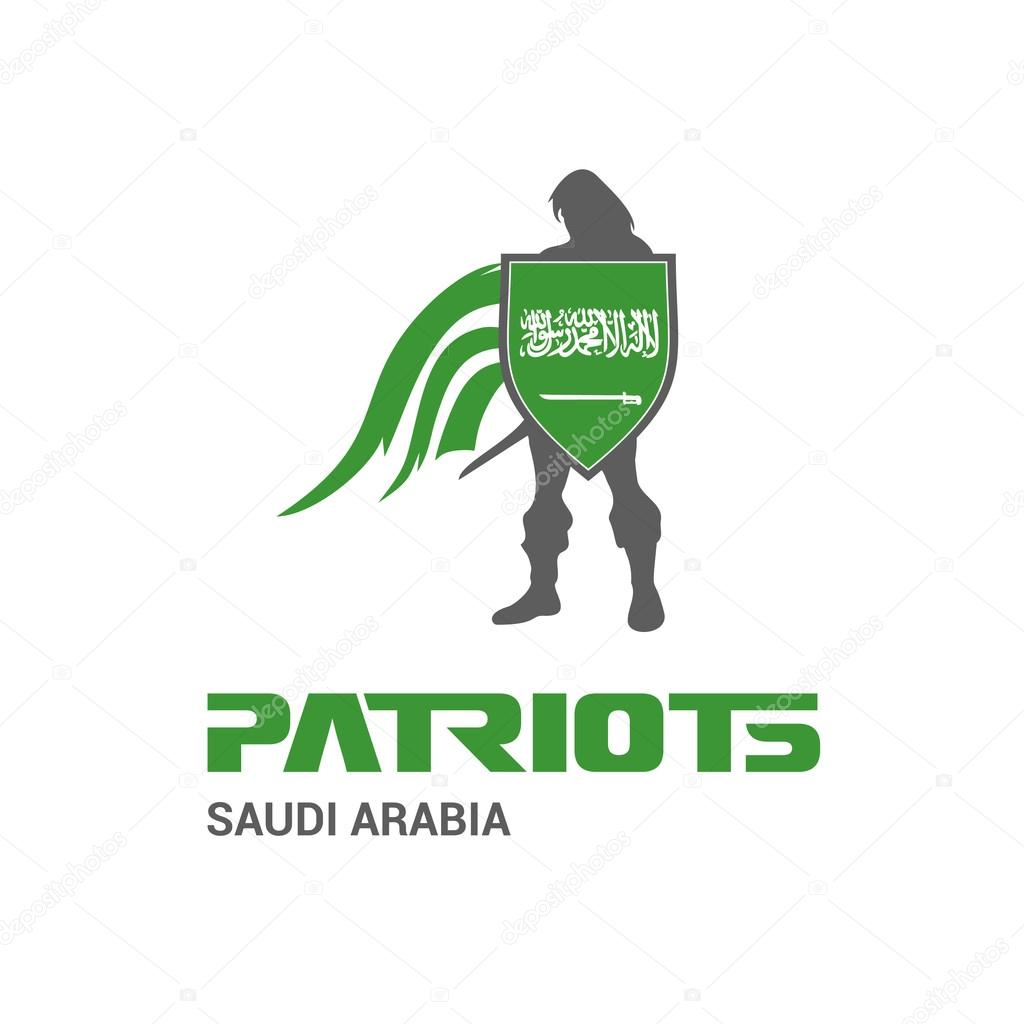 Saudi Arabia Patriots Concept with Soldier and Flag Logo. Mascot Character Design. Army man with Shield. Vector illustration
