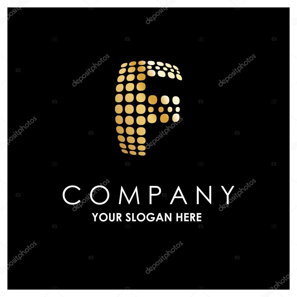 Letter F logo, golden Bold sphare logo on black background