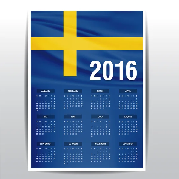 2016 Calendario - Bandera del país de Suecia — Vector de stock