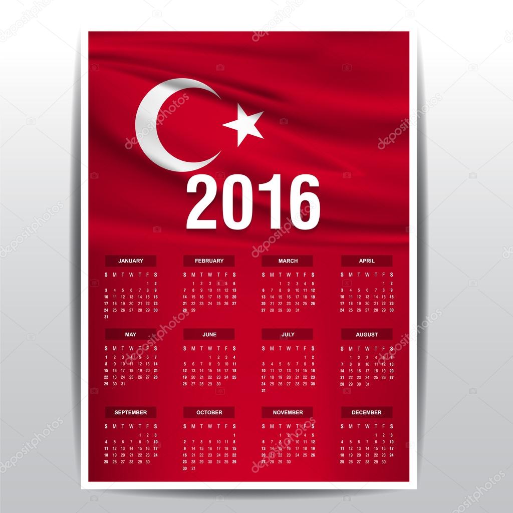 2016 Calendar - Turkey Country Flag