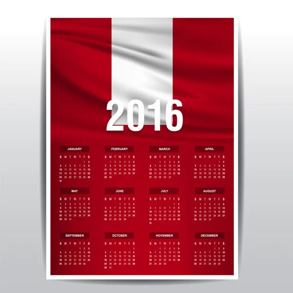 Calendario 2016 con bandiera Perù — Vettoriale Stock