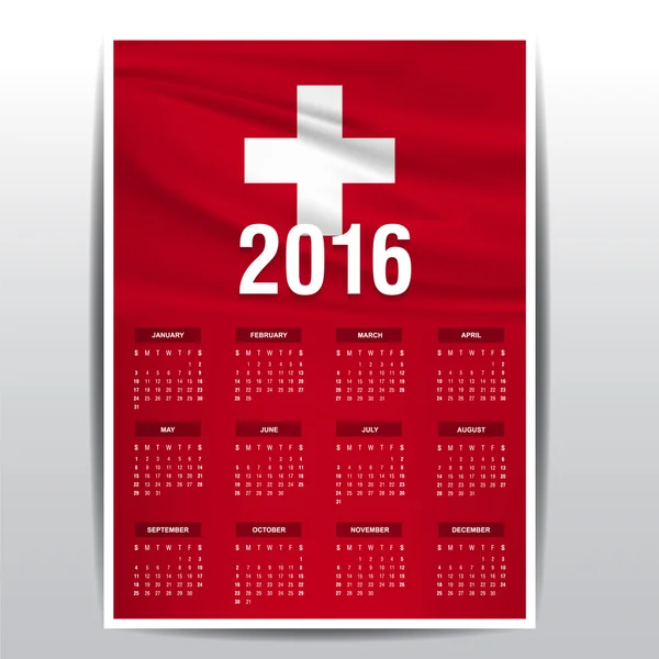 Kalendarz 2016 z flaga Szwajcarii — Wektor stockowy