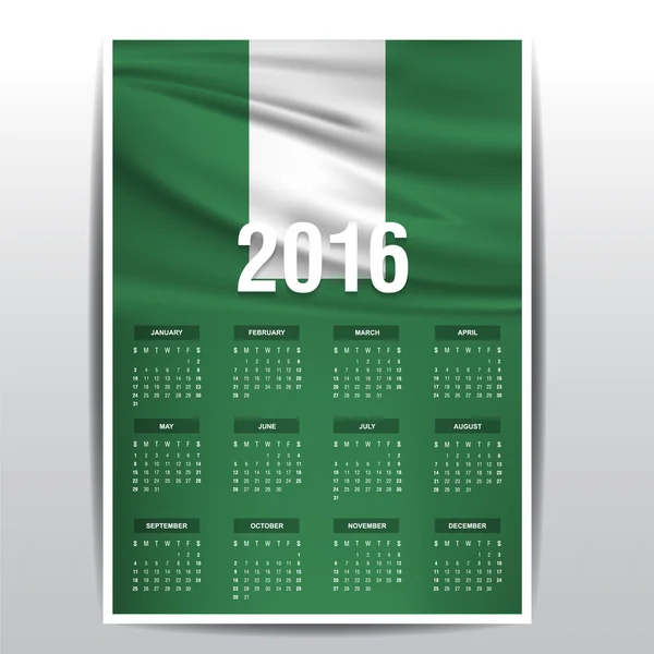 Kalendarz 2016 - flaga kraju Nigeria — Wektor stockowy