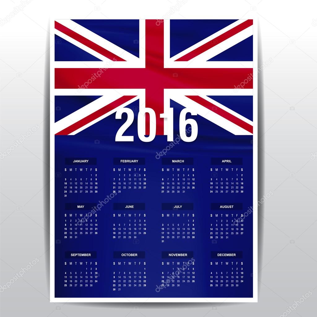 2016 Calendar - England UK Country Flag Banner