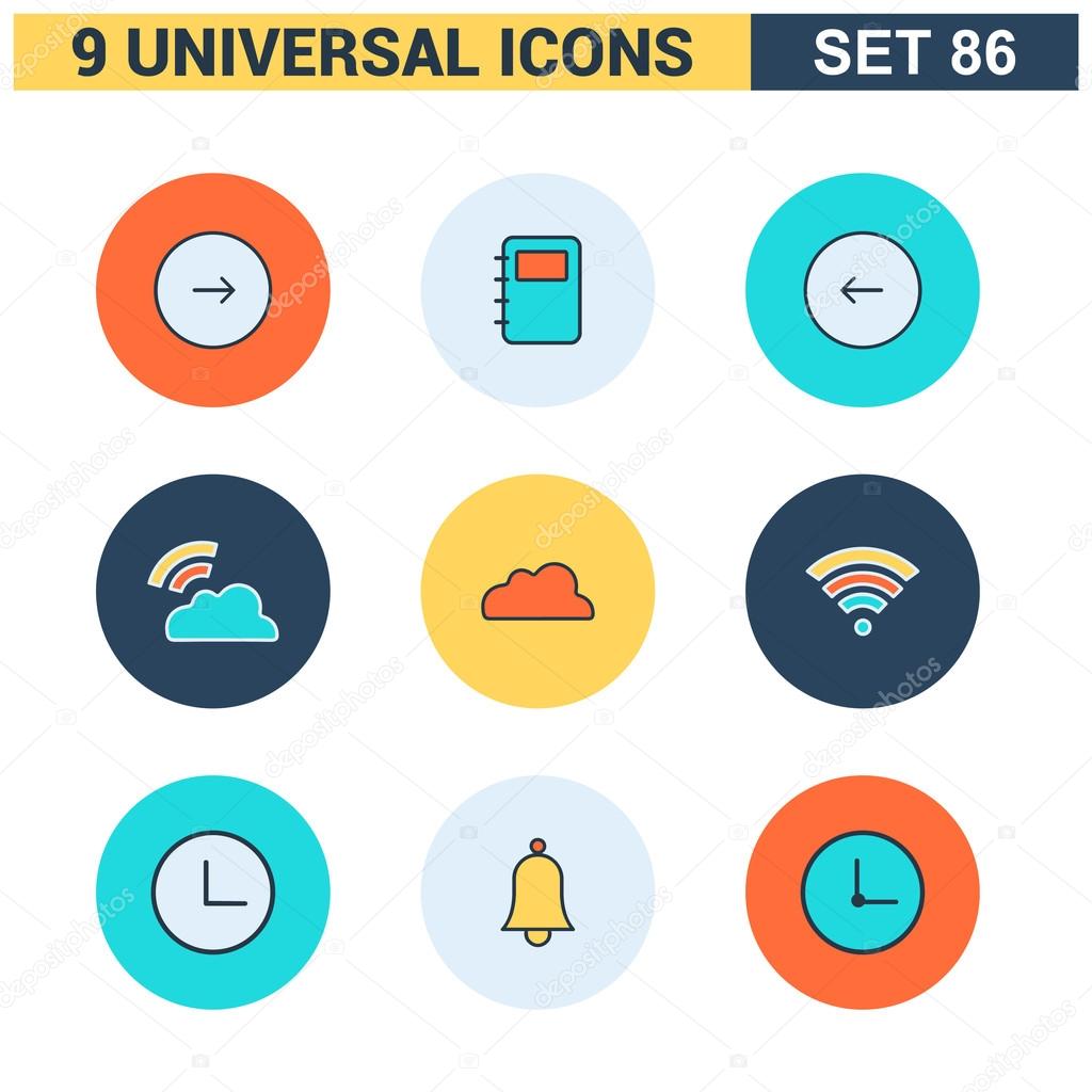 Abstract collection of colorful flat Universal Icons set. Big package of modern minimalist, thin line icons. Design elements for mobile and web applications.