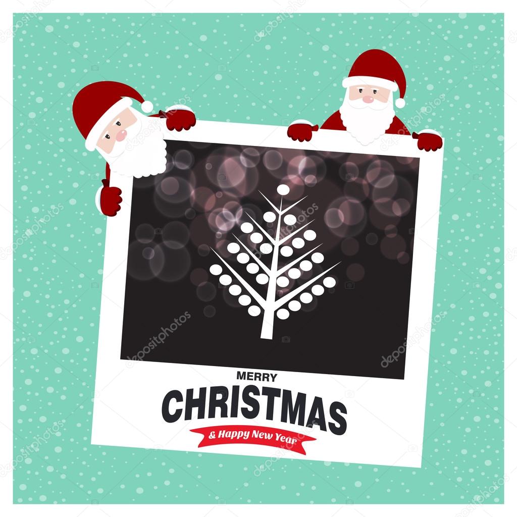 Merry Christmas card with Santa Clauses and Christmas tree. Design elements for holiday card. Xmas decorated tree icon. vector Greeting Card illustration