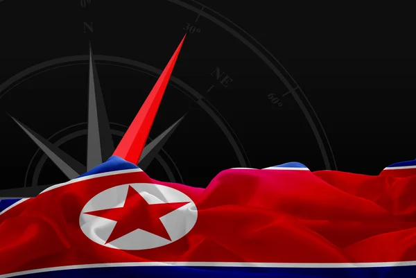 North Korea flag and Navigation compass — Stock Photo, Image