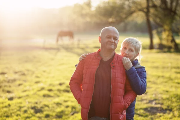 Glückliches Senioren-Paar umarmt und lächelt; — Stockfoto