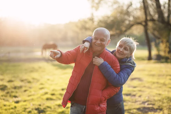 Happy seniors couple embrace and smile; — Stock Photo, Image