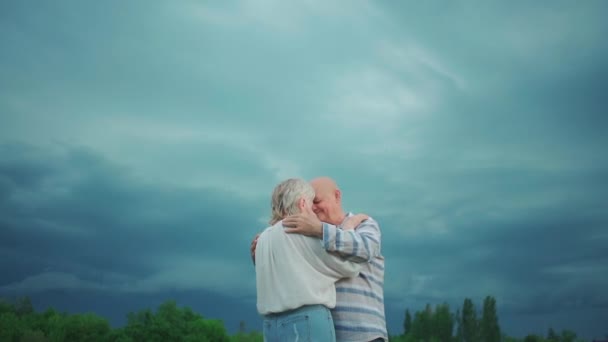 Feliz casal sênior tem romântico namoro e dança ao ar livre no verão — Vídeo de Stock