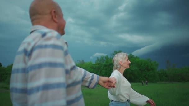 Feliz pareja de ancianos en la fecha en el parque sonrisa, caminar y tomarse de la mano — Vídeo de stock
