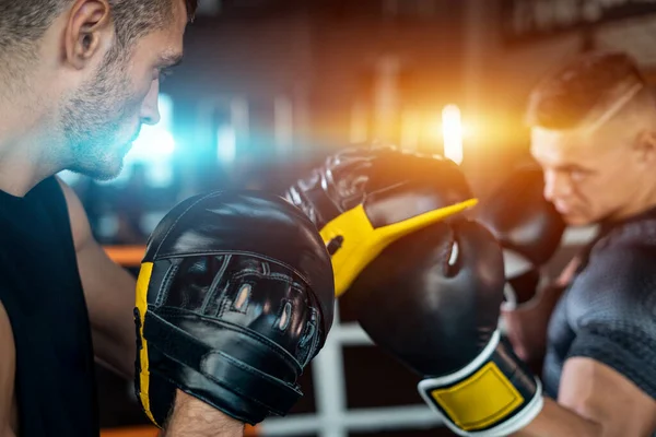 İki kas boksörü spor adamı antrenmanı ve boks ringinde dövüşüyor. — Stok fotoğraf