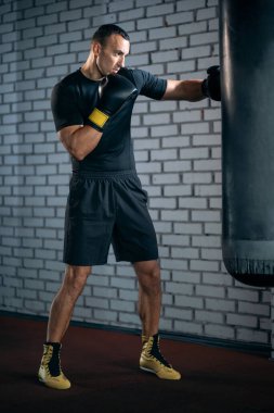 Atletik boksör boksör antrenmanı kum torbasıyla ya da spor salonunda.