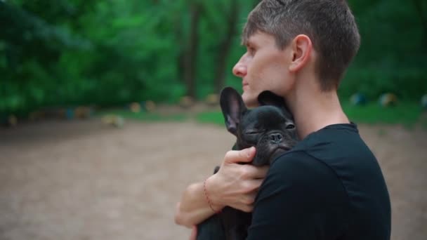 Laki-laki tampan memeluk dan bermain dengan anak anjing lucu atau bulldog Perancis di taman musim panas — Stok Video