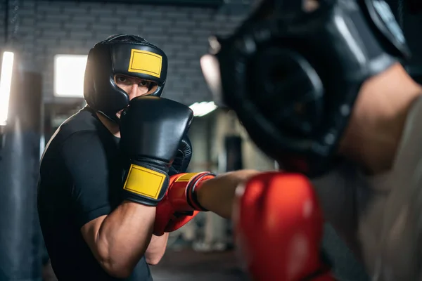 Two muscle boxers sport man training and fighting on boxing ring at gym — Stock Photo, Image