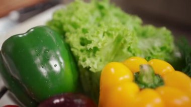 Domates, biber ve soğanlı Yunan salatası için taze ve sulu sebzeler.