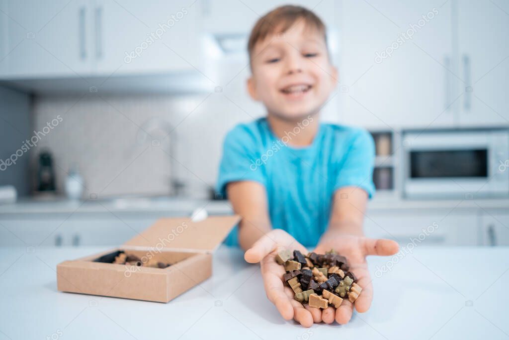 happy kid boy with chocolate candies or handmade sweets in hands at home kitchen